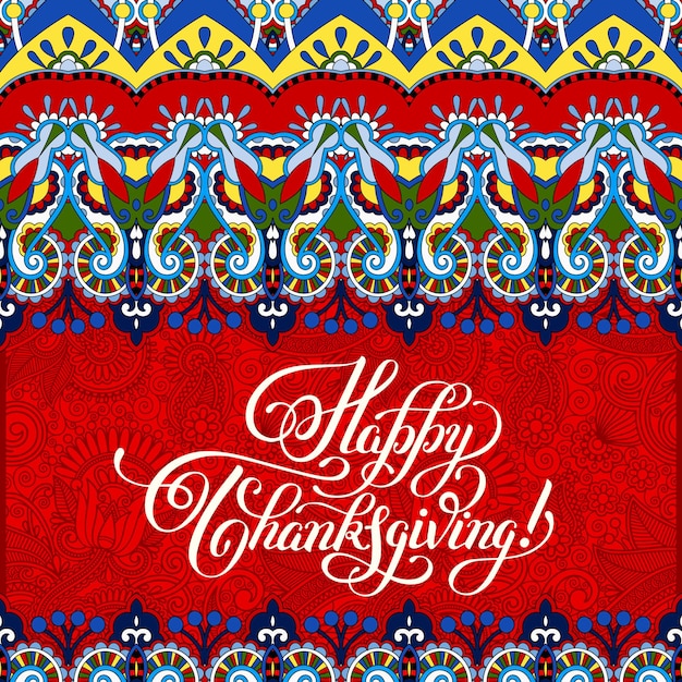 Happy thanksgiving handgeschriebener schriftzug auf floralem hintergrund mit blumendekorationsaufschrift für grußkarten, poster, druck- und feiertagsdesign, kalligraphievektorillustration