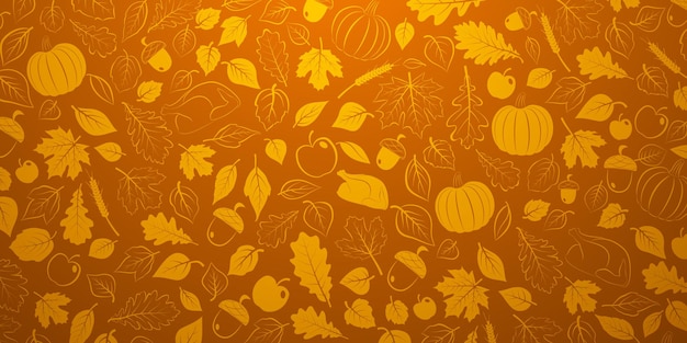 Happy Thanksgiving Hintergrund mit Herbstlaub, Gemüse und Truthahn in orangen Farben