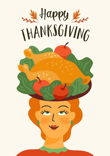 Happy thanksgiving illustration nette dame mit truthahn auf dem kopf vektordesign für kartenposter-flyer-web und andere