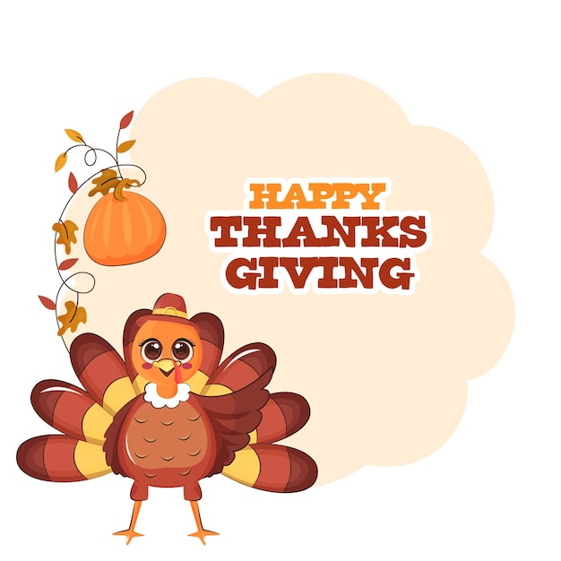 Happy Thanksgiving-Konzept mit Cartoon-Truthahn-Vogel-Kürbis-Herbstlaub.