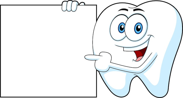 Happy tooth zeichentrickfigur, die auf ein leeres zeichen weist vektor handgezeichnete illustration