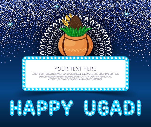 Vektor happy ugadi template grußkarte für den urlaub goldtopf mit kokos auf glitzerkonfetti