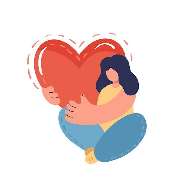 Happy Valentine Day Woman sitzt und hält ein riesiges Herz vorhanden Liebende Person Romantik Gefühle Cartoon People Vector Illustration Konzept der Liebe und Romantik