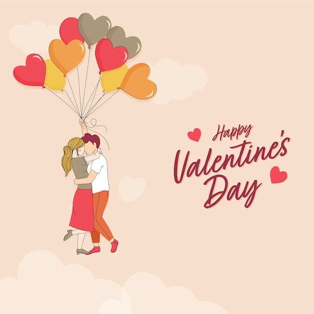 Happy Valentine's Day Font mit jungen Paaren, die sich umarmen, während sie herzförmige Luftballons auf pfirsichfarbenem Hintergrund halten.