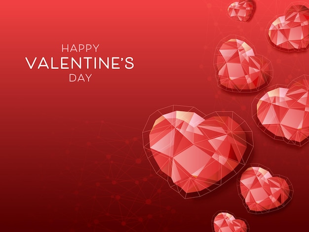 Happy Valentine's Day-Konzept mit Top-Ansicht von 3D-Kristallherzen auf rotem Polygon-Hintergrund