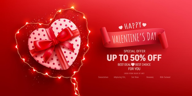 Happy Valentine's Day Sale Poster oder Banner mit herzförmiger Geschenkbox und Herzsymbol aus LED