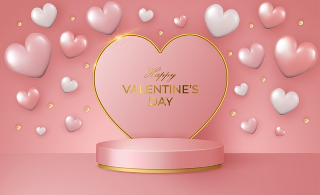 Happy Valentines Day 3D-Szene mit rosa und goldenen Podium-Plattform-Herzen und Konfetti