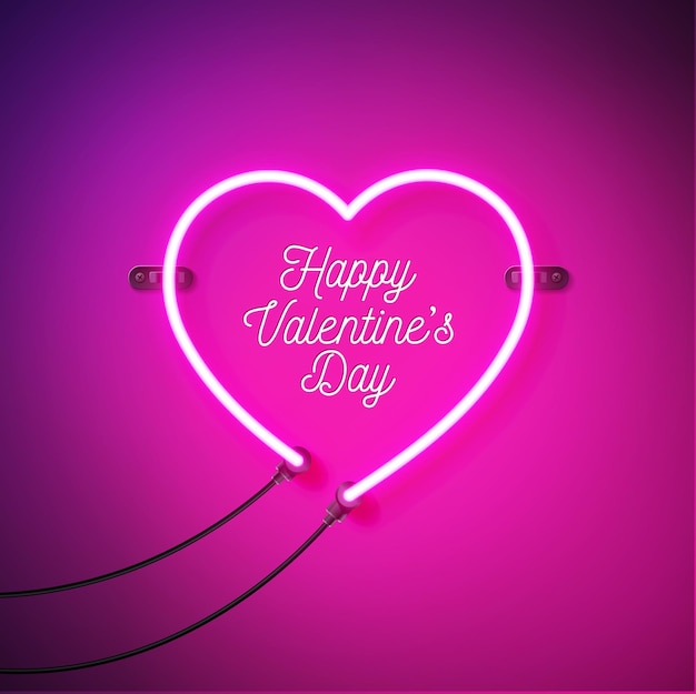 Happy valentines day design mit hellem neonherz auf rosa hintergrund vektor liebe und romantik