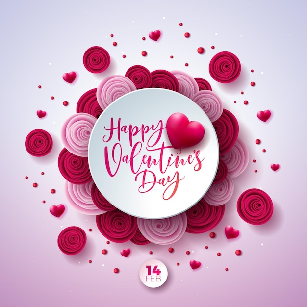 Happy valentines day design mit rose flower red heart und handschrift typografie brief auf pink