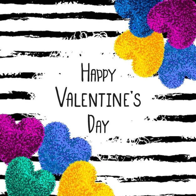 Vektor happy valentines day grußkarte mit flauschigem herz stofftier auf gestreiftem pinselstrich hintergrund