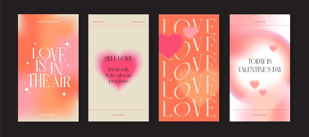 Happy valentines day grußkarten trendige farbverläufe typografie y2k social-media-geschichten