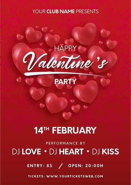 Vektor happy valentines day party poster mit realistischen 3d-herzen