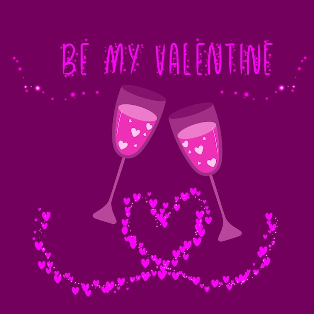Vektor happy valentines day postkarte mit zwei gläsern mit rosa drin und glänzenden herzen be my valentine