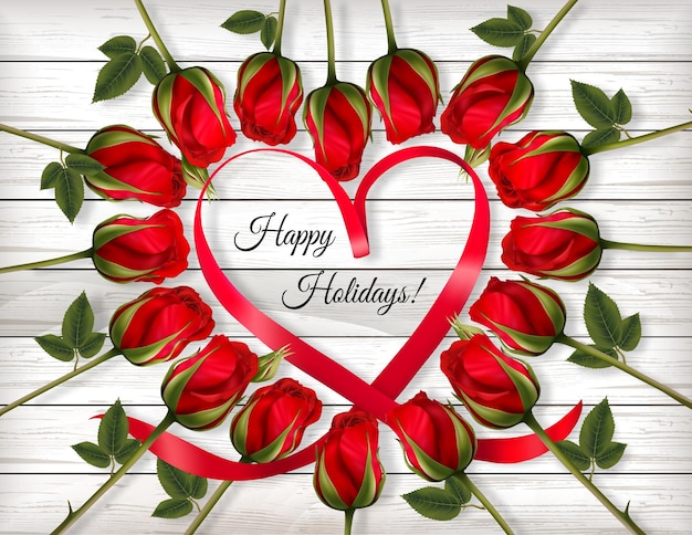 Vektor happy valentines day schöne karte mit bunten rosen und einem roten herzformband auf holzschild vektor