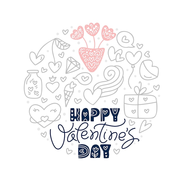 Happy Valentines Day Text mit Vintage-Doodle-Vektorelementen in runder Form. Handgezeichnete Liebe