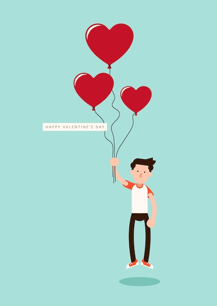 Happy valentinstag dekorativ mit einem mann, der ballons flachen designstil, illustration hält