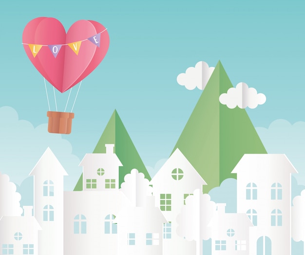 Happy valentinstag origami papier luftballon herz luftballons berge wolken stadtbild