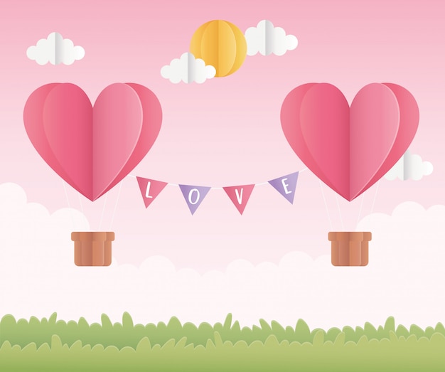 Happy valentinstag origami papier luftballons mit sonnenfeld