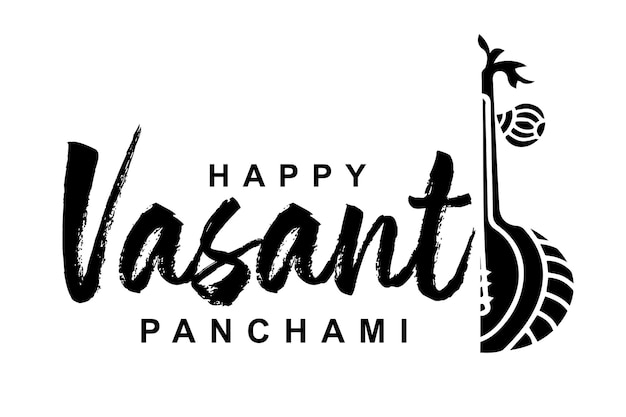 Vektor happy vasant panchami-schriftzug mit veena-vektorillustration