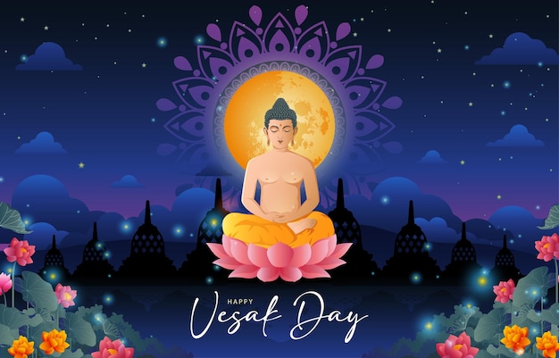 Happy Vesak Day Illustration mit Lord Buddha Meditation in der Nacht und See Hintergrund