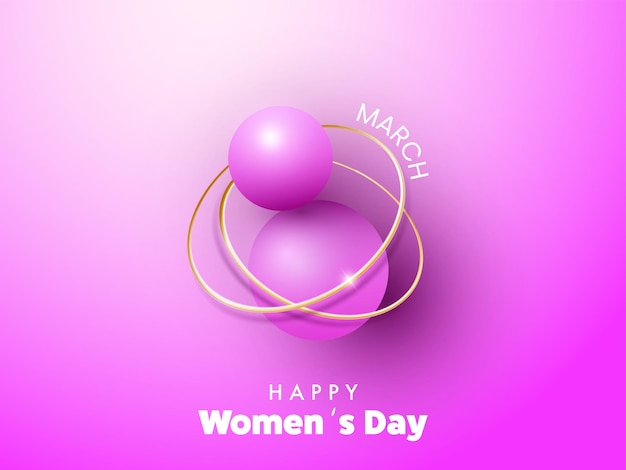 Happy women's day konzept mit 8 nummern von 3d-bällen und goldenen kreisformen auf glänzendem rosa hintergrund.