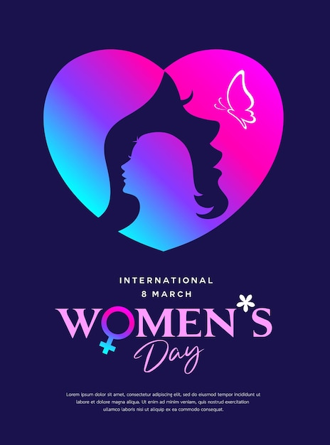 Happy Women's Day Poster Flyer Design Frauen Gesicht auf buntem Herz Schmetterling Konzeptdesign