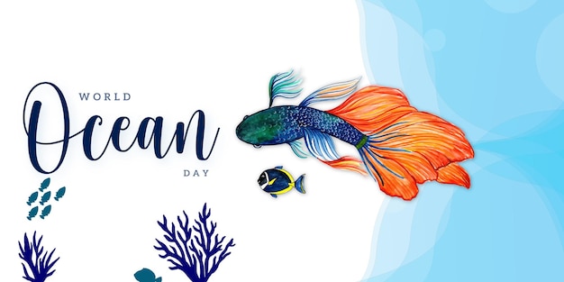 Happy World Ocean Day Blau Weiß Orange Hintergrund Social Media Design Banner Free Vector