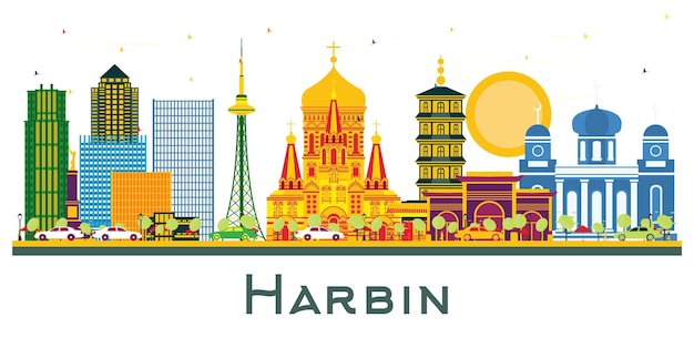 Harbin china city skyline mit farbigen gebäuden isoliert auf weißem vektorillustration geschäftsreise- und tourismuskonzept mit historischer architektur harbin stadtbild mit sehenswürdigkeiten
