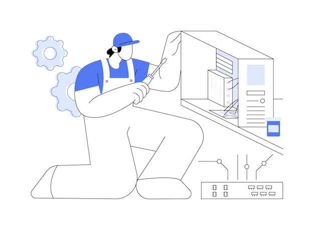 Hardware-reparatur, abstraktes konzept, vektorillustration. computertechniker, der hardware repariert, computertechnik-beruf, elektronik, wartung, systemadministrator, arbeit, abstrakte metapher