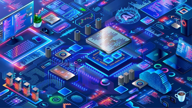 Hardware- und Software-Computertechnologie-Hintergrund Isometrische Elemente der Entwicklung von elektronischen Systemen und Geräten Entwurf, Programmierung oder Kodierung von Mikrocontrollern oder Chips