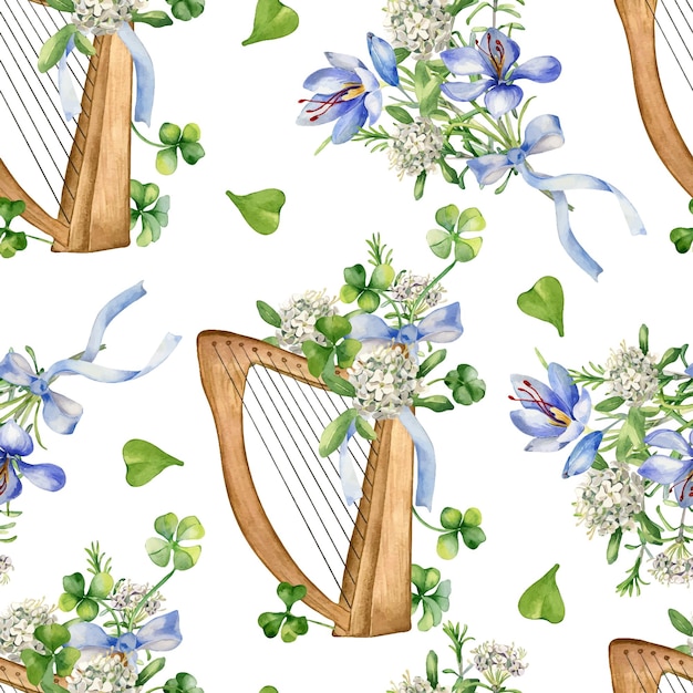 Harfe und frühlingsblumen aquarell nahtloses muster isoliert auf weiß bemaltes grünes klee musikinstrument und safran irisches glückssymbol handgezeichnetes design für st.patricks day verpackungspapier