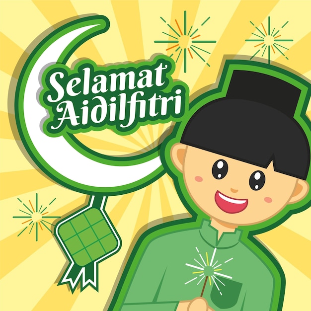 Hari raya aidilfitri vektorgrafik mit süßem muslimischen jungen