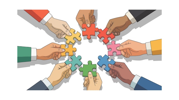 Harmonie durch Teamarbeit Verschiedene Hände kommen zusammen und verbinden die Puzzle-Stücke zu einem vollständigen Puzzle.
