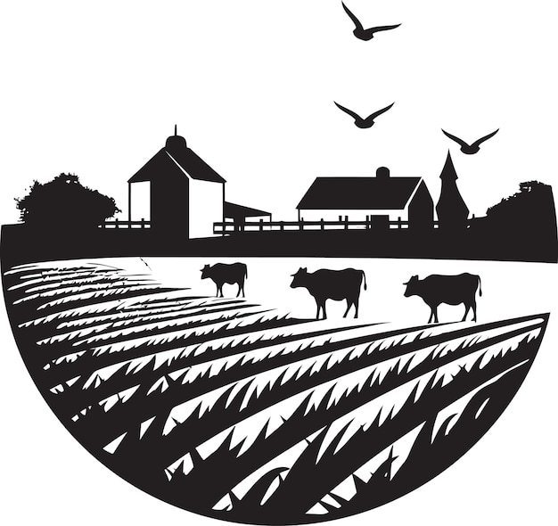 Vektor harvest horizon black vector logo für farm life rural sanctuary landwirtschaftliches bauernhaus-ikon in vect