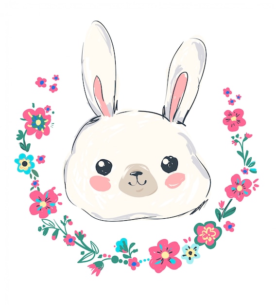 Hase. hand gezeichnete niedliche hase und rosa blumen. illustration.