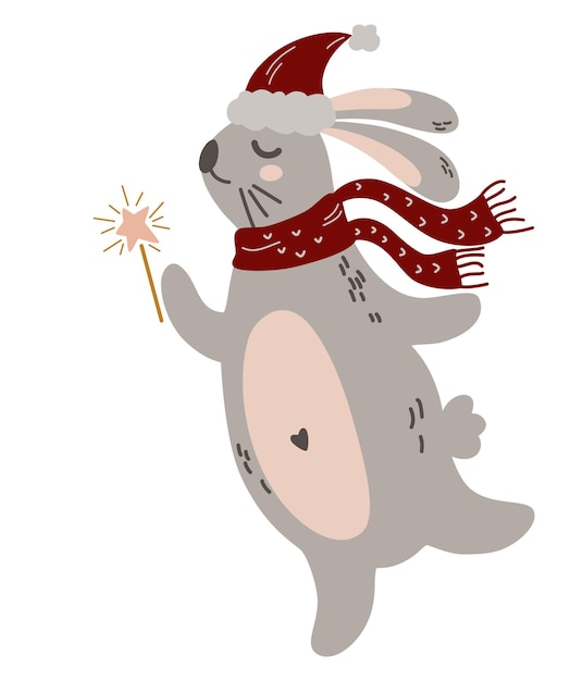 Hase in neujahrskleidung. mütze und schal. süßes winterkaninchen in gemütlicher kleidung. winterurlaub, babyparty, geburtstag, kinderparty. hand zeichnen vektor-illustration.