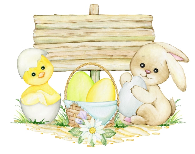 Vektor hase-küken-ostereier holzbanner aquarell-clipart im cartoon-stil auf isolierten hintergrund