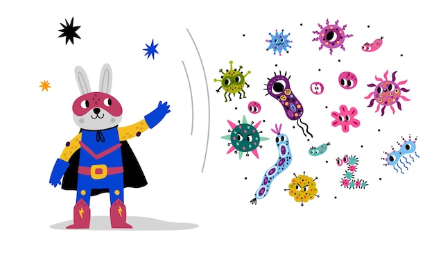 Hase Superheld Kampf mit Bakterien Heldentier schützt vor Viren und Mikroben Kaninchen in Umhang und Maske Super-Erregerschutz Medizin heroischer Charakter Vektorkonzept
