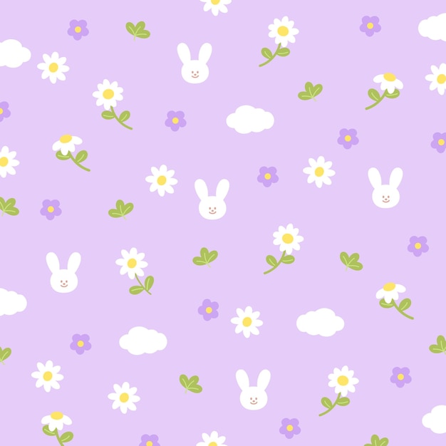 Vektor hasen-gänseblümchen-blumen und wolken auf pastellviolettem hintergrund, tapeten-banner-werbevorlage