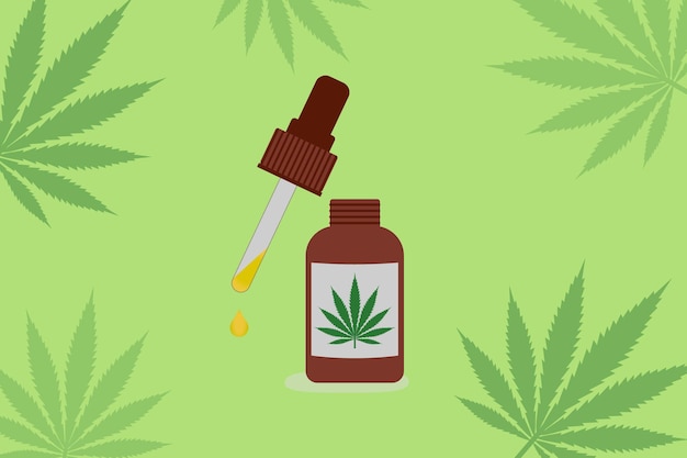Hash oder Cannabisöl in einer Flasche auf grünen Marihuana Blättern Hintergrund
