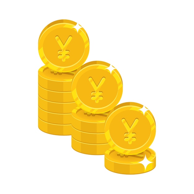 Haufen Gold, chinesischer Yuan oder japanischer Yen, isolierte Cartoon-Ikone. Drei Haufen Gold-Yuan oder Yen und Yuan- oder Yen-Zeichen für Designer und Illustratoren. Goldene Stapel von Stücken, Vektorillustration