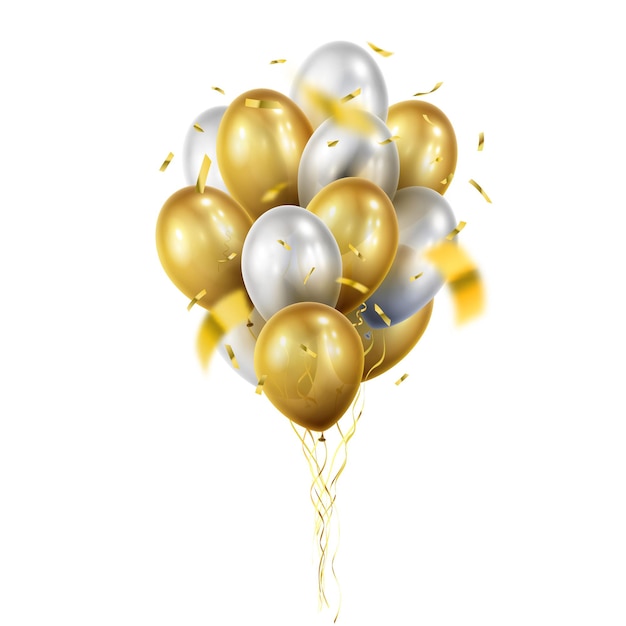 Haufen realistischer transparenter goldener Ballons und goldener Bänder Serpentinen-Konfetti-Blumenstrauß-Vektor