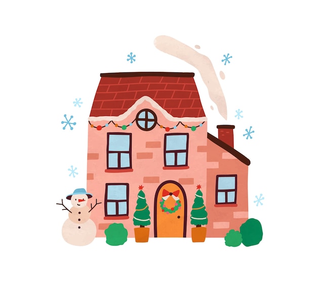 Haus außen mit Dekor zur Weihnachtszeit. Draußen gemütliches Zuhause im Winter mit Schneemann, Weihnachtslichtern, Tannen, Kranz und Rauch aus dem Schornstein. Flache Vektorillustration lokalisiert auf weißem Hintergrund