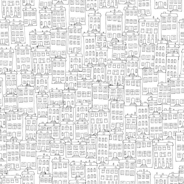 Haus Doodle Muster Dorf Vektor Illustration Nahtlose Textur in Schwarz-Weiß-Farben