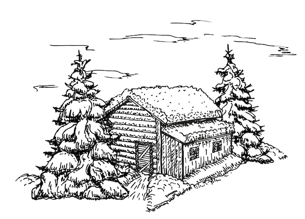 Haus in der winterwaldskizze. weihnachten, haus in der schneelandschaftsillustration