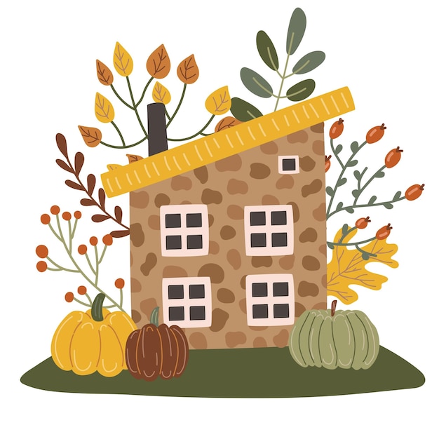 Haus mit Bäumen Herbstsaison Vektorillustration im flachen Cartoon-Stil