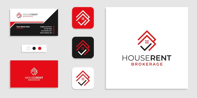 Haus mit checklistenschild, hausmiete-logo und visitenkarten-designvorlage