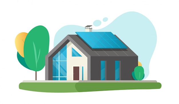 Vektor haus oder haus öko moderne zukunft oder zeitgenössische luxusvilla wohnhaus mit smart solarpanel energietechnologie cartoon illustration