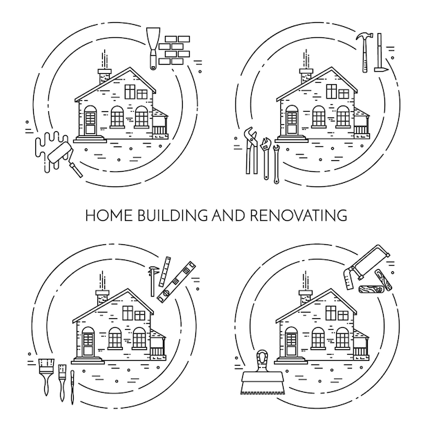 Haus umgestalten horizontale banner. element für hausreparatur, gebäude- oder renovierungsunternehmen.