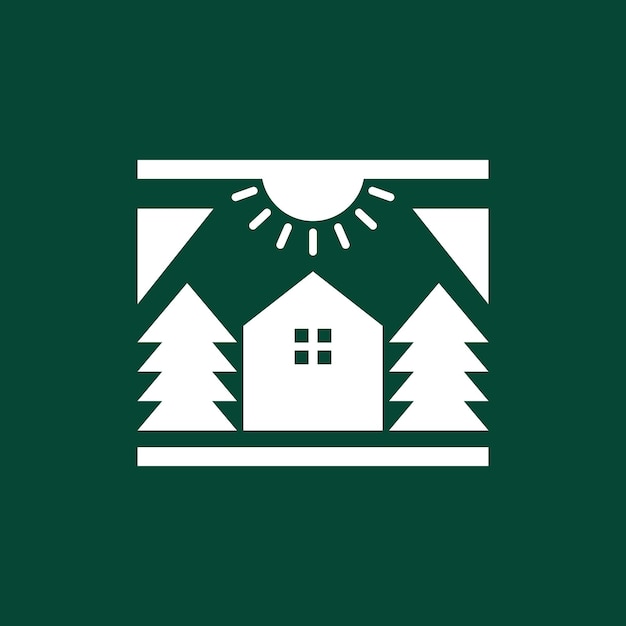 Haus wald kiefern sunburst einfache flache saubere moderne logo-design-vektor-symbol-illustration